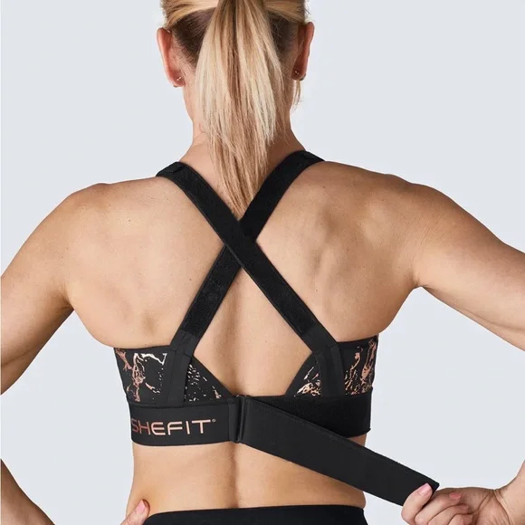 SHEFIT Flex Sports Bra Zip Front Medium Impact Black & Rose Gold Size M - Picture 2 of 7
